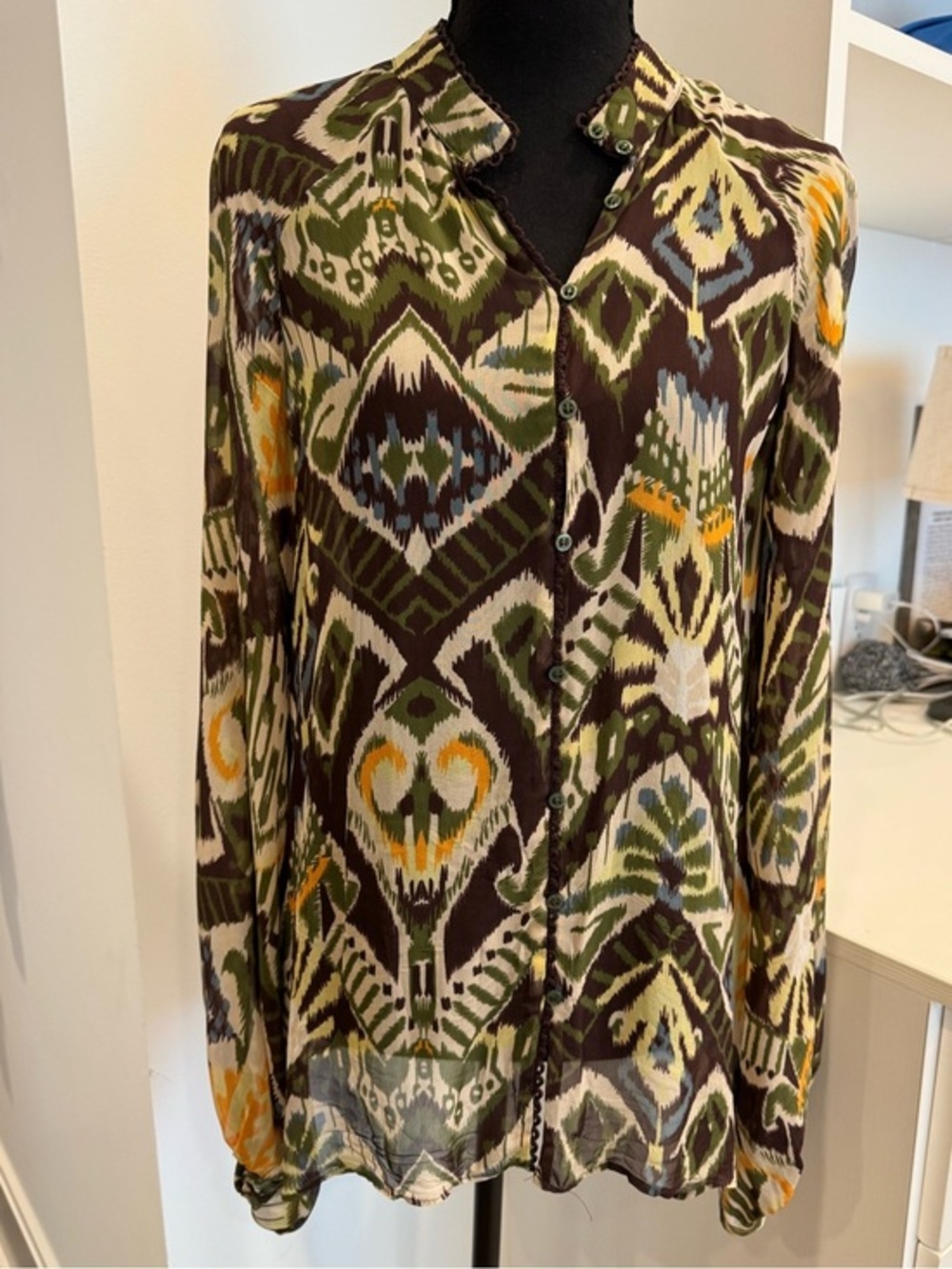 Zara Olive, Brown & Yellow Printed Button-Down Blouse